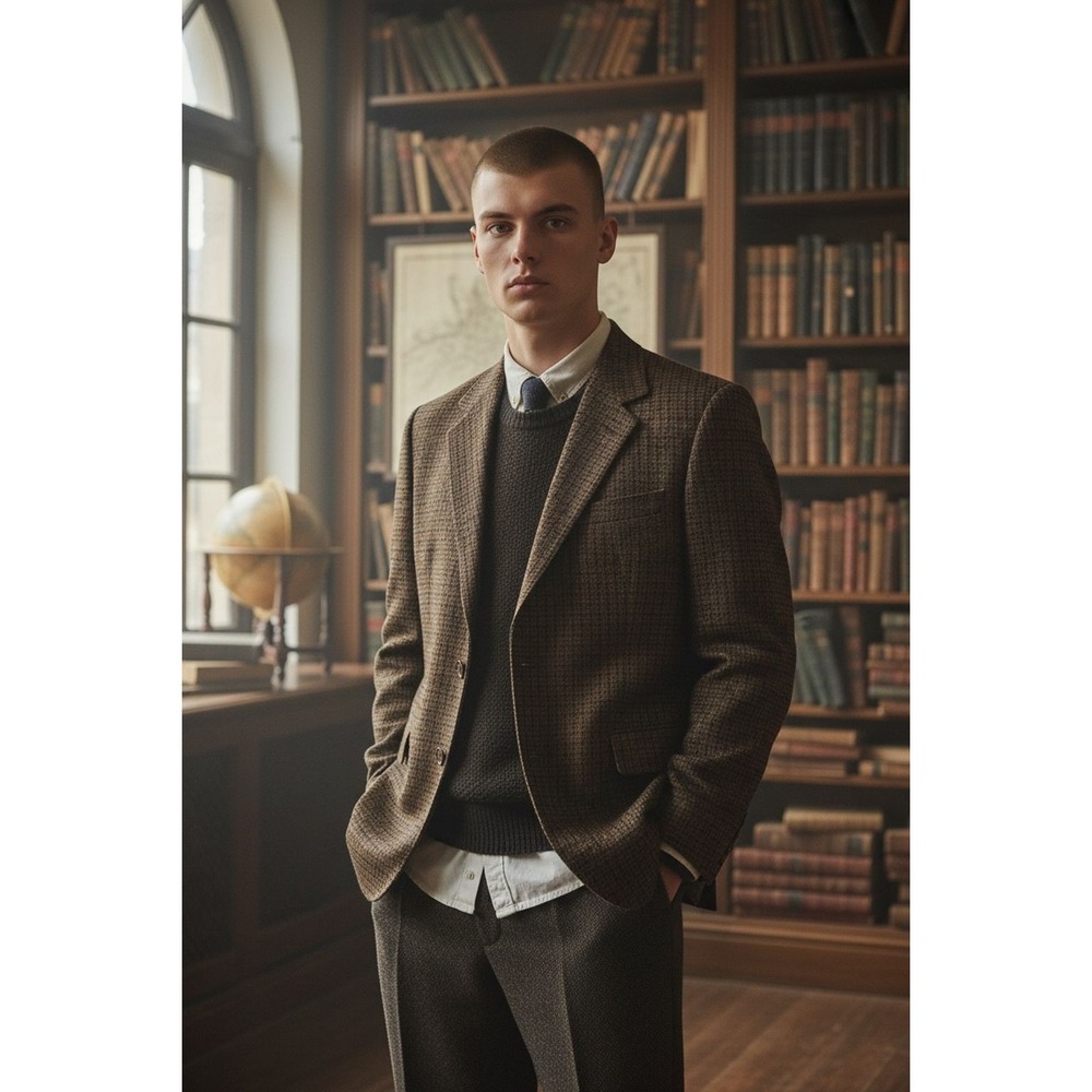 Vintage Old School Bespoke Men's Brown Houndstooth Blazer Size 44‎ dark academia